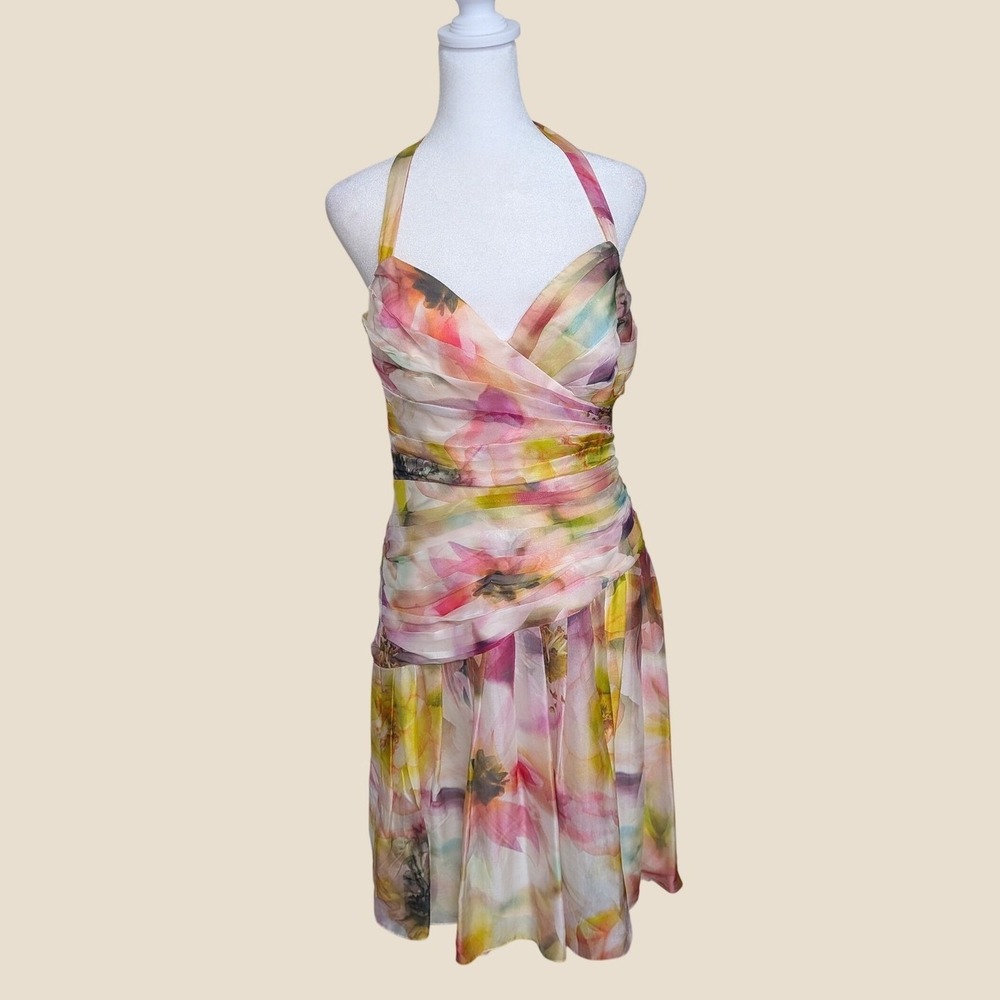Sine Floral Fairy Watercolor Halter Midi Dress Pleated Pink Yellow Size 6